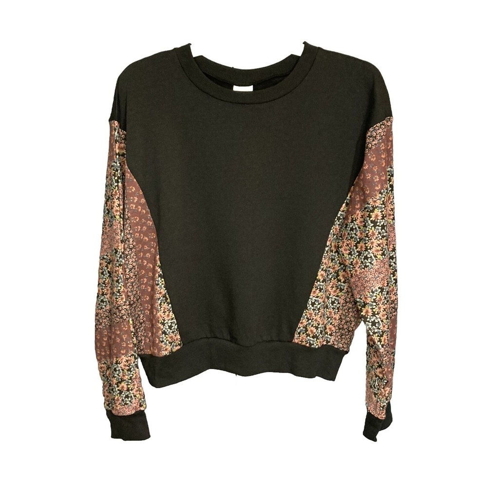 Belle Du Jour Women's Black Pullover Sweatshirt With Floral Sleeves Size M